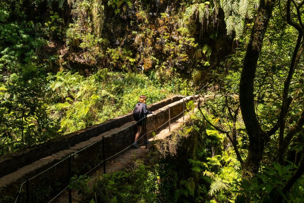 mladá žena na mostě na stezce levada do caldeirao verde, queimadas, madeira