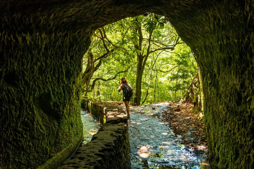 mladá žena na treku v jeskyni v levada do caldeirao verde, queimadas, madeira