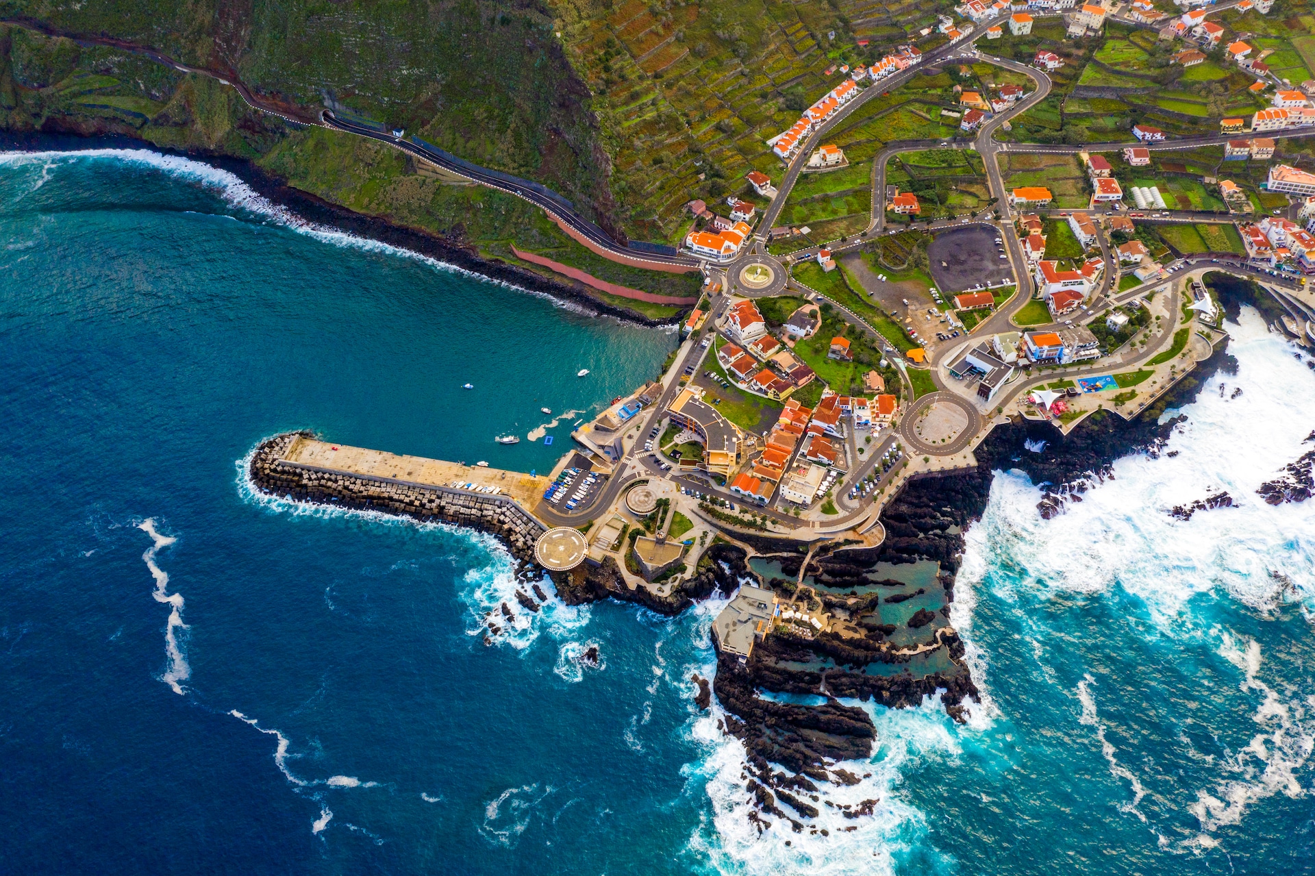 aerial shot of porto moniz village in madeira island, portugal