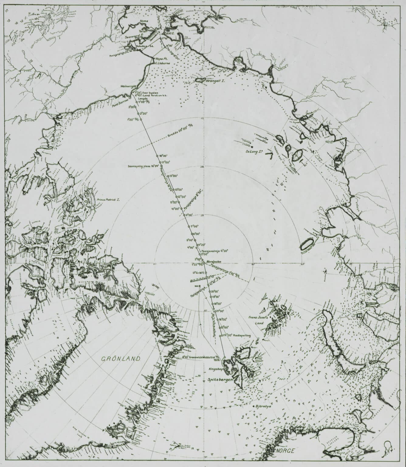 1926 – Map of the Arctic with " Norge"'s itinerary plotted from Ny-Ålesund in Svalbard to Teller in Alaska [glass slide]
