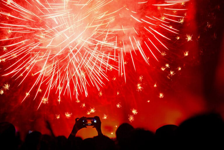 crowd celebrating the new year with fireworks